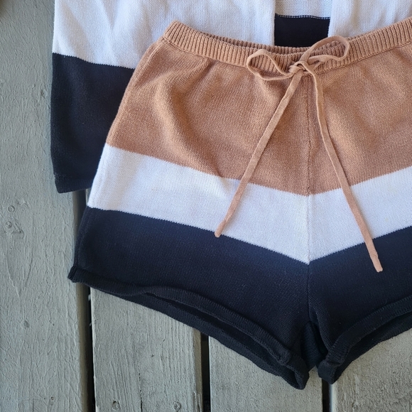SABO Knit Lounge Set Mini Shorts Sweater Cardigan Striped Brown Black White XS - Picture 6 of 8